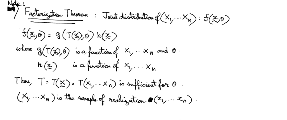 Note: : where g(T(2)O) Factorization Theorem : Joint distribution of(xy...XD): f(20) $(2,0) = g(13)0) h(x) is a function of X