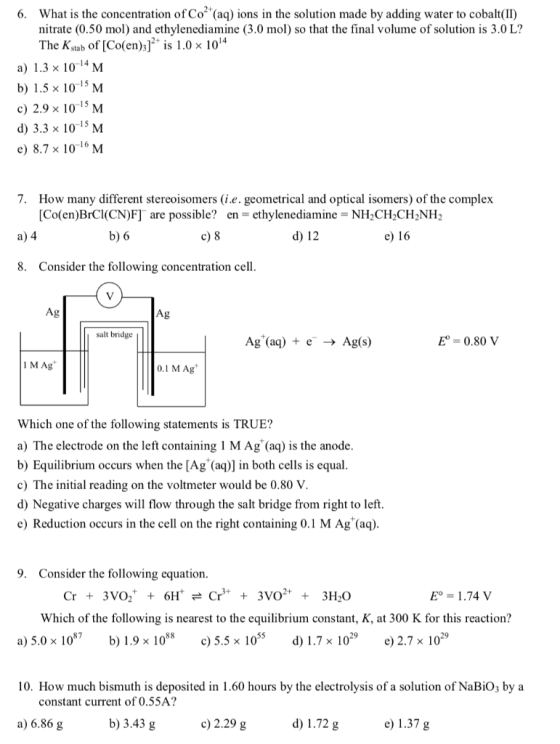 6. What is the concentration of Co2+(aq) ions in the solution made by adding water to cobalt(II) nitrate (0.50 mol) and ethyl