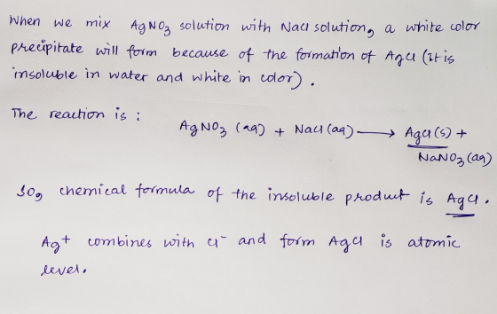 When we mix AgNO₃ solution with Naul solution, a white color preupitate will form because of the formation of Age (It is inso