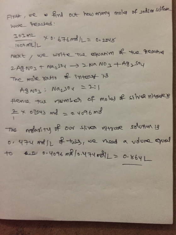 find out how many moles of sodion solfar First, we have reacted 303m2 x 0.676 mol/L= 0.2048 1002 MLL Next, we write the equat