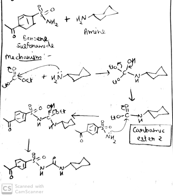 I NH2 + uns Amine Benzene Sulfonamide mechanism :- on Elo Oy oct ? clie Carbamic esten 2 O 2 и CS Scanned with CamScanner