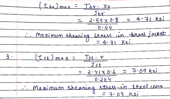 - (tbr) max Tor.ro Jor 2:59 x 0.8 = 4.71 ksi 0:44 ;. Maximum shearing stress in brass jucket = 4.71 Ksi 3: (est) max = Tstor