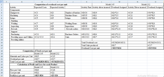 H -C5 K9*L9 -C20 =F11 =C24 L M N Computation of overhead cost per unit Model 145 Model 212 Activity Expected Costs Expected A