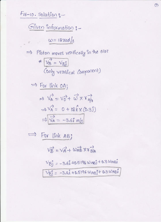 Fi6-10. Solution Giveo infoxmatioo- Pistoo movesveticaly in the lot oold ves喟cal Component) For link OA For link AB; B/A