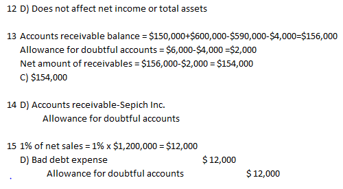12 D) Does not affect net income or total assets 13 Accounts receivable balance = $150,000+$600,000-$590,000-$4,000=$156,000