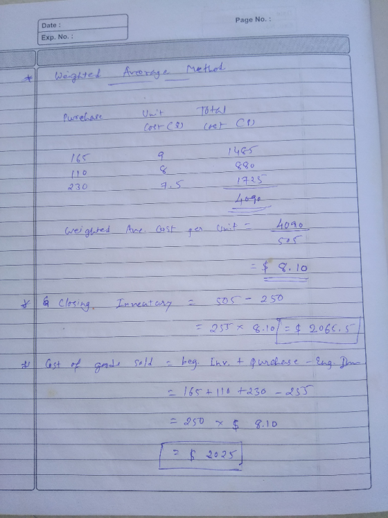 Page No. : Date : Exp. No. : Date Weighted Average Method Purchase Unit Coste Total Cret C 165 230 Weighted Ave. Cost per Chi