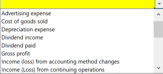 > Advertising expense Cost of goods sold Depreciation expense Dividend income Dividend paid Gross profit Income (loss) from a