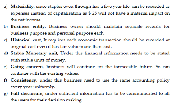 a) Materiality, since stapler even through has a five year life, can be recorded as expenses instead of capitalisation as $ 2