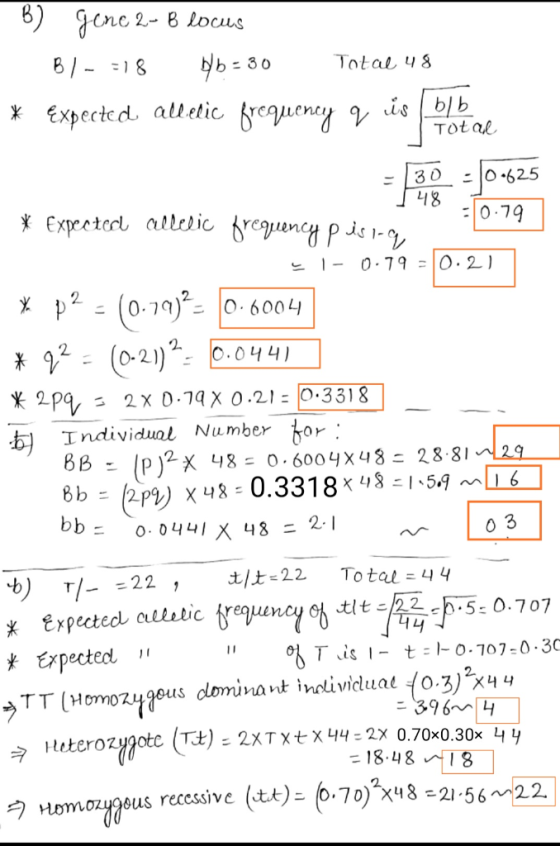 в) gere 2-B Locus b30 8/-18 Total 48 *Expected al etic freauenty q isblb Total 30 48 O.625 * Expectecl allic freency pis 1-9