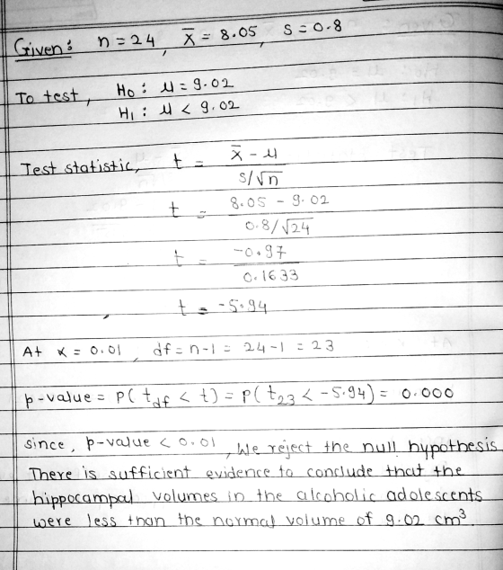 S=0.8 = 8.05 Given: na24 To test Ho: M=9.02 Hi: il <9.02 Jest statistics ta t 42 x - M slun 8.05 9.02 0.8/124 -0.97 Or 1633 4