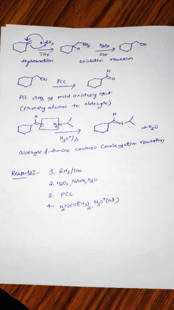 HBH, BH H202 - OH THE Hydroboration oxidation reaction PCC act of mild oxidising oftent (primary alcohol to aldehyde) +H2O Ho