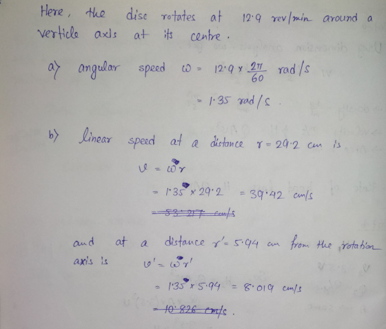Here, verticle the axis disc rotates at 12.9 rev/min around a at its centre. no protranih v speed wa 12 9 x 211 rads ay angu