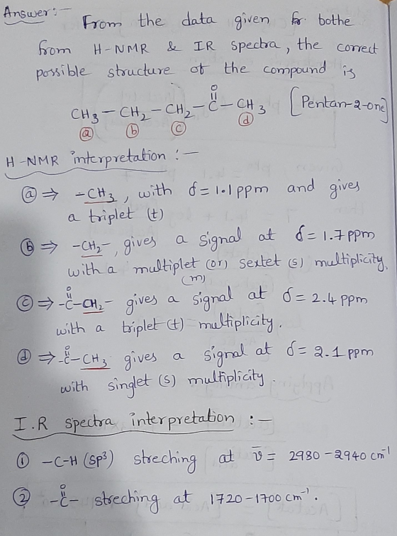 Answer: - from the data given for bothe from H-NMR & IR spectra, the correct possible structure of the compound is – CH3 @ Pe