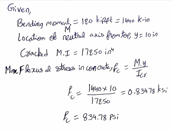 Given, Bending moment, = 120 kippt = 1440 k-in Location of neutral anis from top, Y= loin Cracked M. I = 17850 in Max Flexus