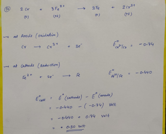 2 + 2 CY 3 Fe 2 31 3 Fe + Co) (+2) (3) (o) at Anode (oxielabin) Cr3t Зе 0.74 at Cathode (Redu ctien) Fe - 0.440 2e E Canode)
