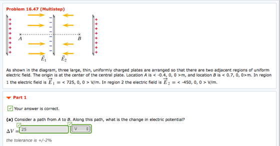 Problem 16.47 (Multistep) + + 1 + + + + + + + + 1 + + 1 + + + As shown in the diagram, three large, thin, uniformly charged p
