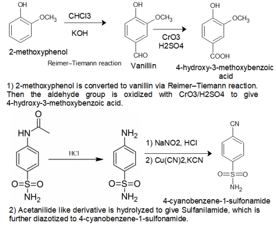 OH LOCH? CHC13 OCH3 LOCHz КОН Cro3 H2SO4 2-methoxyphenol CHO соон Reimer-Tiemann reaction Vanillin 4-hydroxy-3-methoxybenzoic