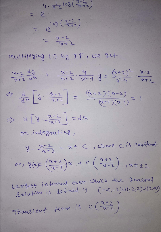 4.22locatz 11 log (x^2 a+2 e x-2 xt 2 Multiplying (1) by If, we get 2 2-2 + X-2 dy atz da y 2-4 (x + 2)2 2-2 2-4 nt2 ont 2 y