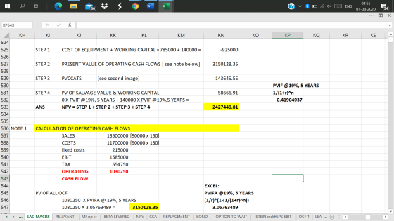 02:55 C w ? ENG 66 01-08-2020 34 Х KP543 . KH KI КJ KK KL KM KN KO KP KQ KR KS 524 525 STEP 1 COST OF EQUIPMENT + WORKING CAP