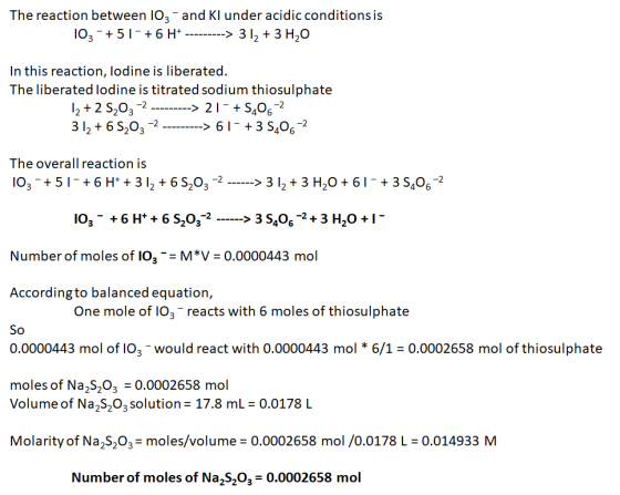 The reaction between 10z -and Kl under acidic conditionsis 103 - +5- + 6 H+ ---------> 31, + 3 H2O In this reaction, lodine i