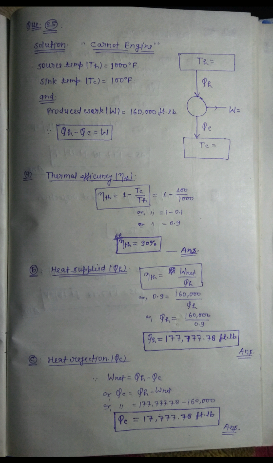 Th= gur solution. Carnot Engine source timp (Th) = 1000 °F sink temp. (Tc) = 100°r. and: Produced work (1) = 160,000 ft. lb