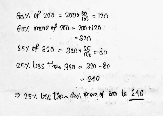 K 100 60% of 200 = 200 x 60 - 120 60% more of 280 - 2000+120 - 320 259. of 320 > 3202 = 80 254. less than 320 - 320-80 240 9