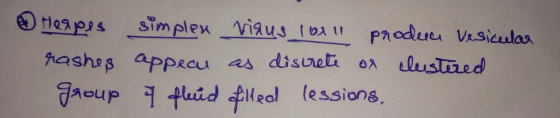 Herpes simplen viaus 1011 produce vesicular rashes approu as discrete or clustered group of fluid filled lessions.