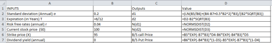 Outputs di 1 INPUTS 2 Standard deviation (Annual) 3 Expiration (in Years) T 4 Risk free rates (annual) 5 Current stock price