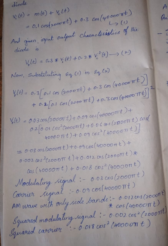 diode Vilt) - mLt) + velt) = 0.1 cos(2000nt) + 0.3 cos (40000nt) Lyu And ginen, input output characteristics of the diode is