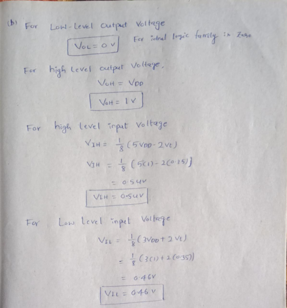 (b) For Low-Level Output Voltage VOL=oul for For ideal logic family in Zero For high level output Voltage, VOH = Voo Volt=1 F