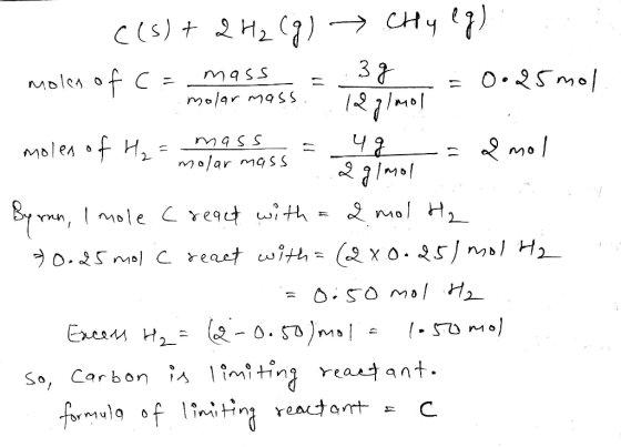 ((s) + 2 H2(g) → Hy eg) molen of compassos mol = 0.25 mol = 4g Rolmol u - mass moles of H₂ = 2 o 2 mol molar mass egimol By r