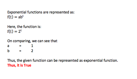 Exponential functions are represented as: f(t) = abt Here, the function is: f(t) = 2 On comparing, we can see that a = 1 b =