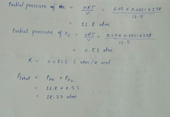 Partial pressure of the - HRT - 6.05 x 0.0821 x 298 = 11.8 atm Partial pressure of O2 = nRT - 0.27% 0-08213 12.5 12 .5 = 0.55
