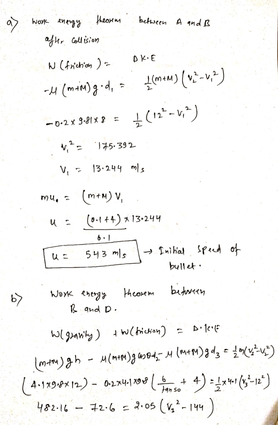 a work energy theorm after collision between A and B w (friction ) - DK.E - M (mtimu)g.d, = {(mm) (v +-1,2) -0-2 x 3-81x8 = (