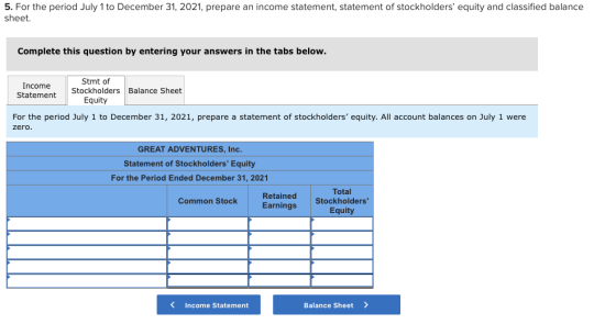5. For the period July 1 to December 31, 2021, prepare an income statement, statement of stockholders equity and classified