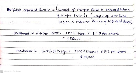 Portfolios expected Return = (weight of fairfau paint x enpected Return of fair fan Paunt )+ (weight of litch field Design &