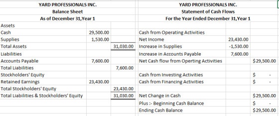 YARD PROFESSIONALS INC. YARD PROFESSIONALS INC. Balance Sheet Statement of Cash Flows As of December 31, Year 1 For the Year