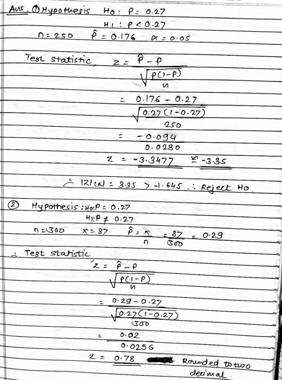 Aus. O Hypothesis Ho: P= 0.27 Hii p<0.27 0=250 i = 0.176 x=0.05 Test statistic z = P P UPCI-P) = 0.176 - 0.27 0.27 (1-0.27) V