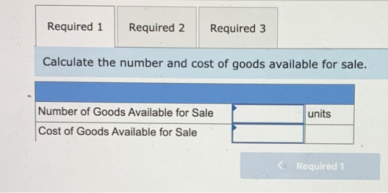 Required 1 Required 2 Required 3 Calculate the number and cost of goods available for sale. units Number of Goods Available f
