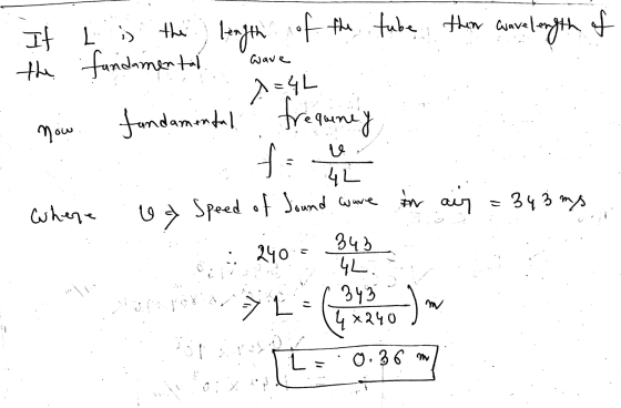 wave x=4L It is the length of the tube then wavelength of the fundamental fundamental frequney fi in air now v 4L - 343 ms Wh