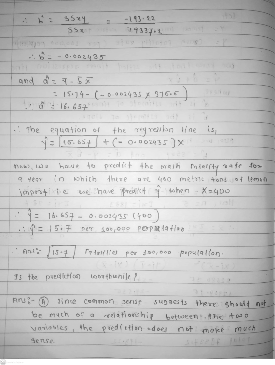 ô ssxy ssat -193.22 79337.2 :6 = -0.002435 and a = 7.5 * = 15094-(-0.002435 X 395.6) 16.657 .. The equation of the regression
