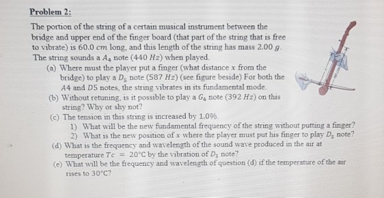 Problem 2: The portion of the string of a certain musical instrument between the bridge and upper end of the finger board (that part of the string that is free to vibrate) is 60.0 cm long, and this length of the string has mass 2.00 g The string sounds a A4 note (440 Hz) when played. (a) Where must the player put a finger (what distance x from the bridge) to play a Ds note (587 Hz) (see figure beside) For both the A4 and D5 notes, the string vibrates in its fundamental mode. (b) Without retuning, is it possible to play a G4 note (392 Hz) on this string? Why or shy not? (c) The tension in this string is increased by 1.0%. 1) What will be the new fundamental frequency of the string without putting a finger? 2) What is the new position of x where the player must put his finger to play Ds note? temperature Tc = 20°C by the vibration of D5 note? rises to 30°C? (d) What is the frequency and wavelength of the sound wave produced in the air at e) What will be the frequency and wavelength of question (d) if the temperature of the air
