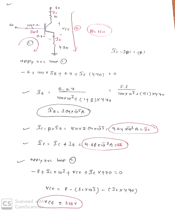 tuce 100kn er en vce (4= 150) (B-150 Test 0.7v - YIE L (stvar apply kve loop o - 6 + 100 K IB + 0.7 + Ie (470) 50 5.3 - IG :