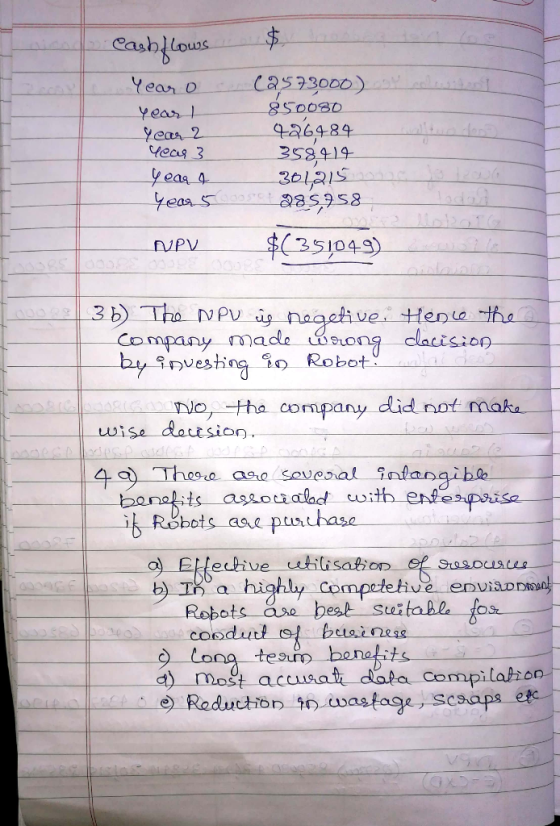 Cashflows Year o Year 1 Year 2 Year 3 Year 4 (2573000). 850080 426,484 358,419 301215.one 285958 $(351049) Year 5 doso NPV 36