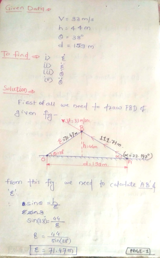 Given Data V = 33 m/s h = 44 m 0 = 38° d = 159 m To find i opel 20.00 Solution Fiest of all we need to draw FBD of given fig-
