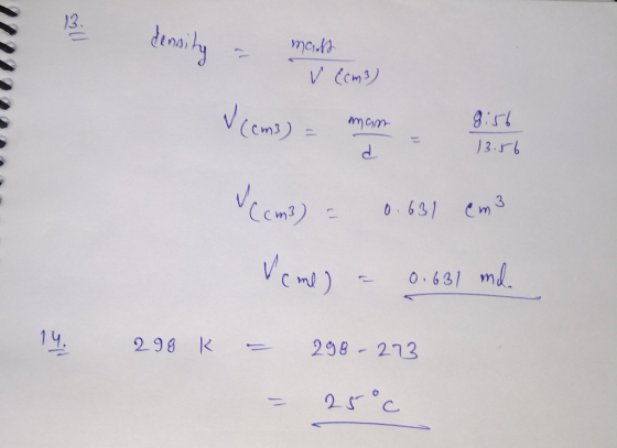 mas V [cm3) V (cm) - man - 8:56 33.56 & Camp) = 0.631 cm3 Veme) = 0.631 mil. 0.6.2 14. 298 k = 298-273 25°c