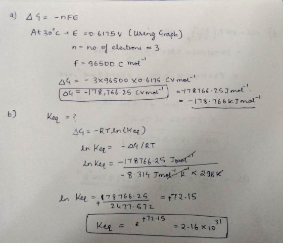 a) AG= nFE At 30°C + E +0.6175 v C using Graph) na no. of electrons = 3 f=96500 c mot 44= – 3x96500X0 6175 cv molt 164 -178,7