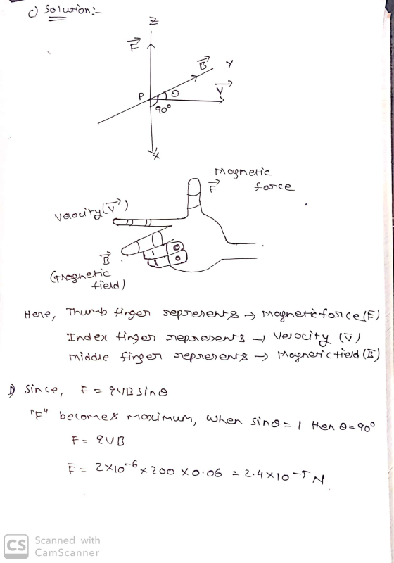 c) Solutions 2 TU laby P 900 Magnetic force velocity (T? B Gragnetic field) Here Thumb finger represent & Magnetic force (F)