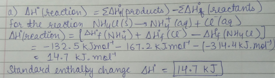 a) AH creaction) = Eard products) -EDHA (reactants) for the reaction NHull(s) - NHY (aq) + Celars AH reaction) = 1 DH f (NH 4