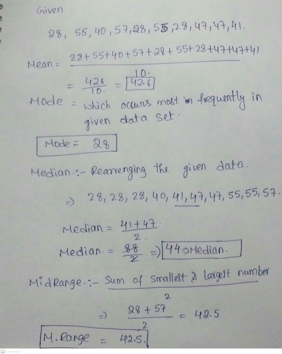 Given 28, 55,40,57,28,55,28,47,47,41 2.8+55+40 +57 +28 + 55+28+47+47+41 Mean 426 10 10: 142.6 Mode which occurs most in frequ